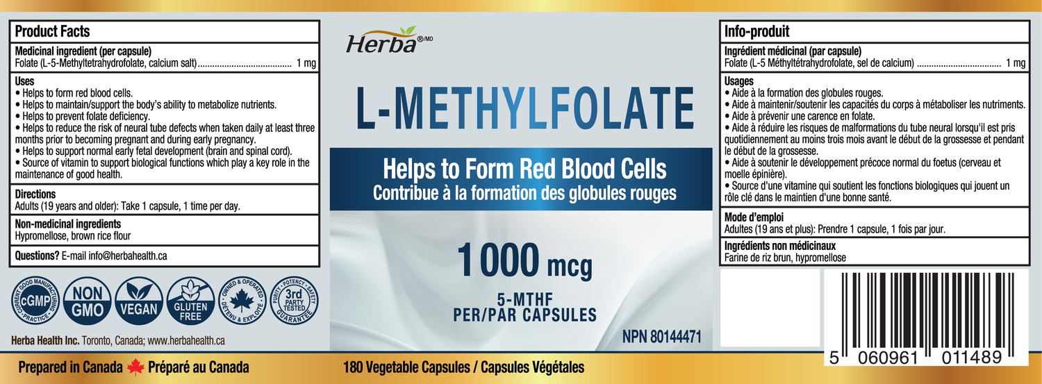 L-Methylfolate 1000mcg - 180 Capsules | Vitamin B9 5-MTHF Folate Supplement | Made in Canada