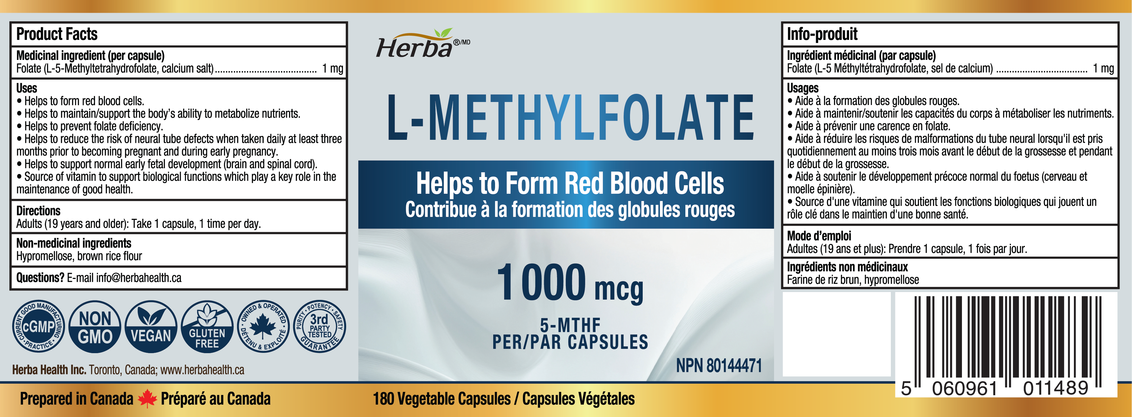 L-Methylfolate 1000mcg - 180 Capsules | Vitamin B9 5-MTHF Folate Supplement | Made in Canada