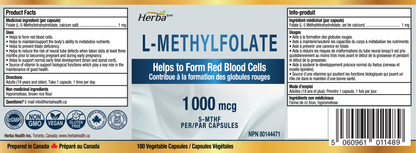 L-Methylfolate 1000mcg - 180 Capsules | Vitamin B9 5-MTHF Folate Supplement | Made in Canada