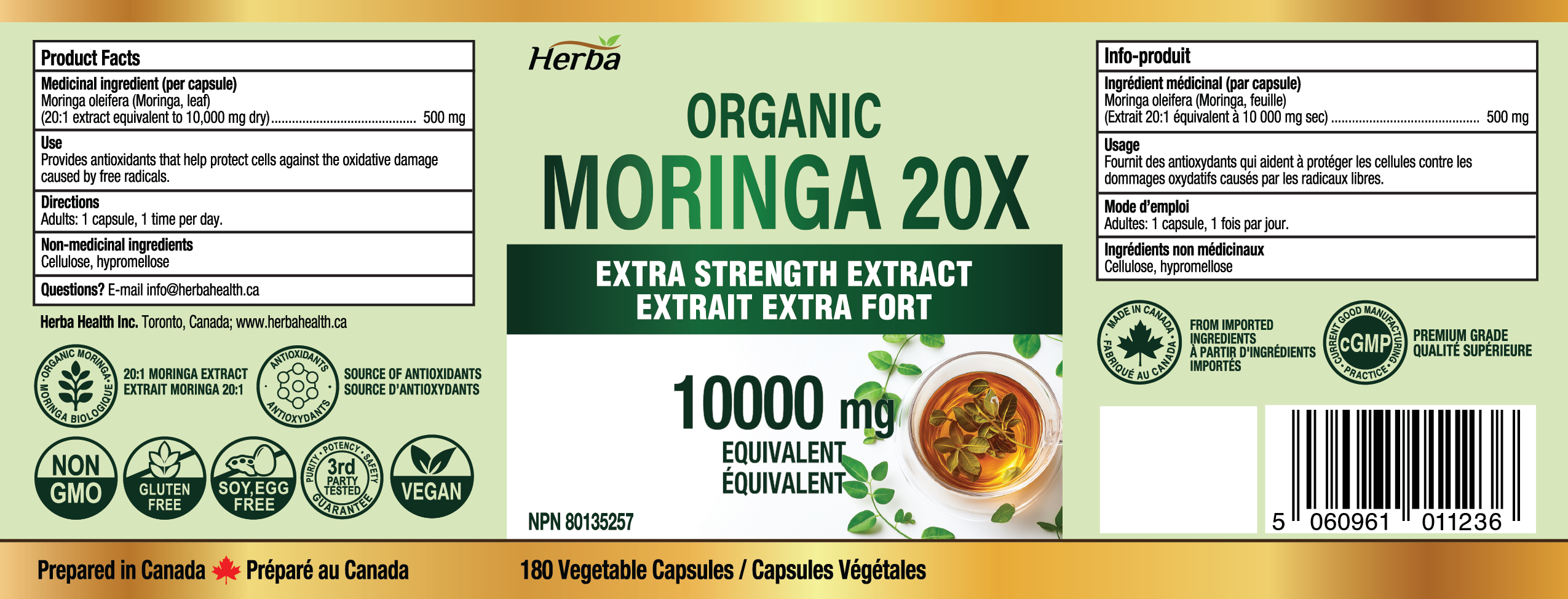 Organic Moringa Extract Capsules 10,000mg - 180 Capsules | 20:1 Extract | Made in Canada