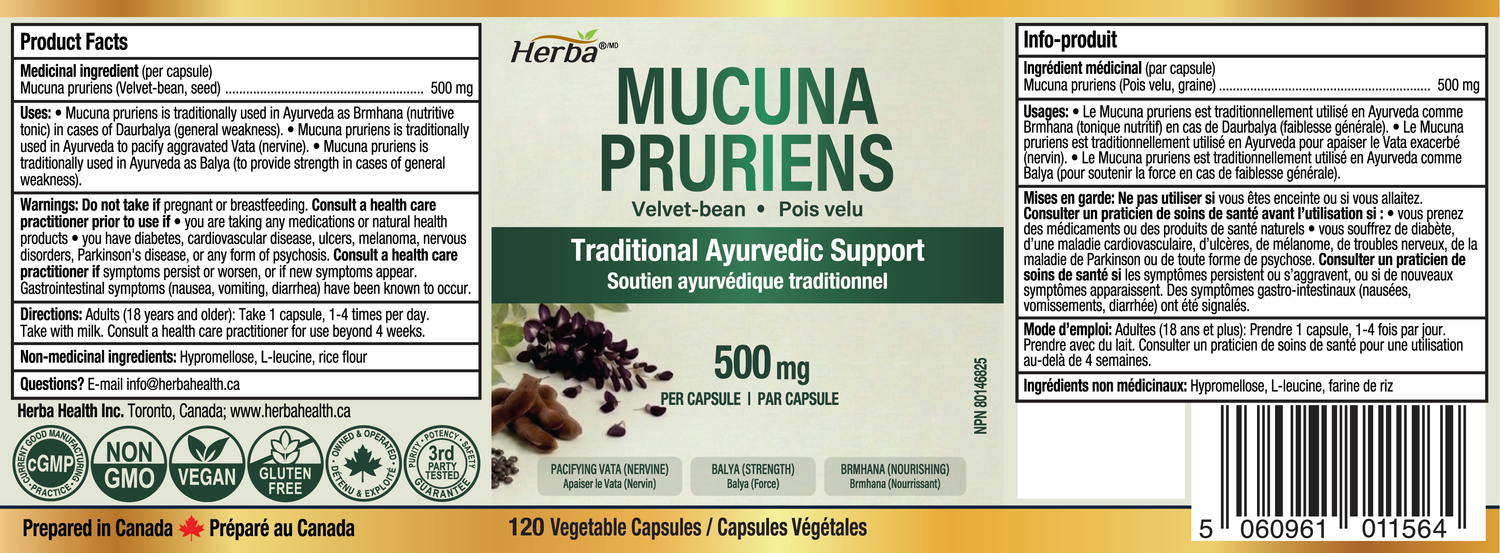 Mucuna Pruriens 500mg - 120 Capsules | Made in Canada