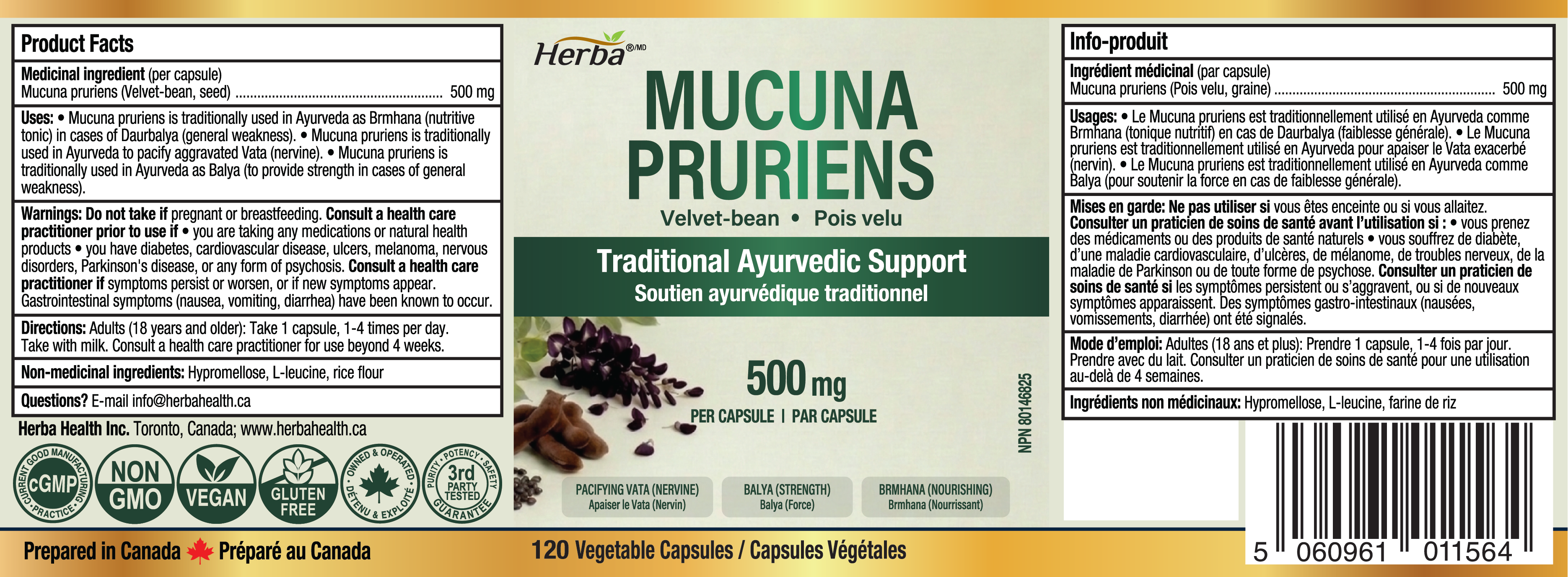 Mucuna Pruriens 500mg - 120 Capsules | Made in Canada