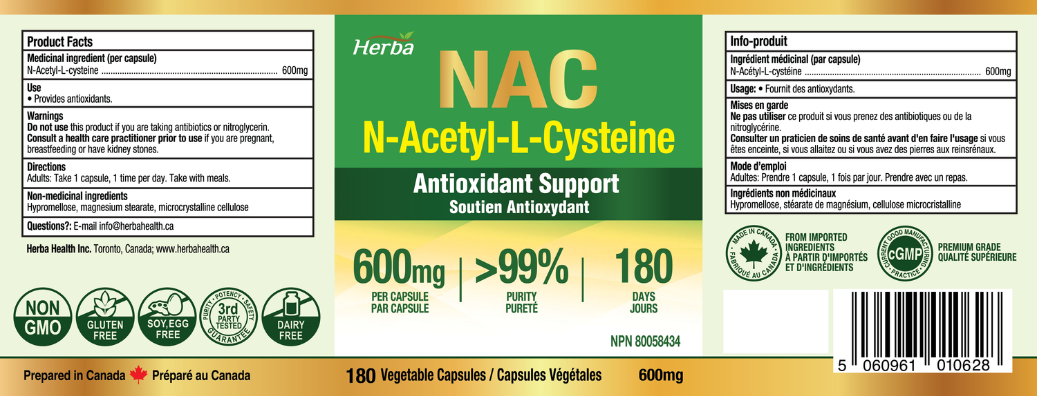 Complément NAC 600 mg - 180 capsules | N-Acétyl-L-Cystéine