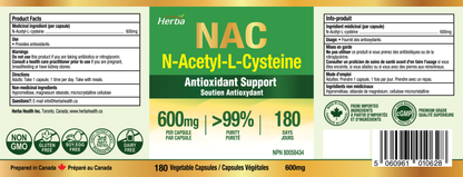 Complément NAC 600 mg - 180 capsules | N-Acétyl-L-Cystéine