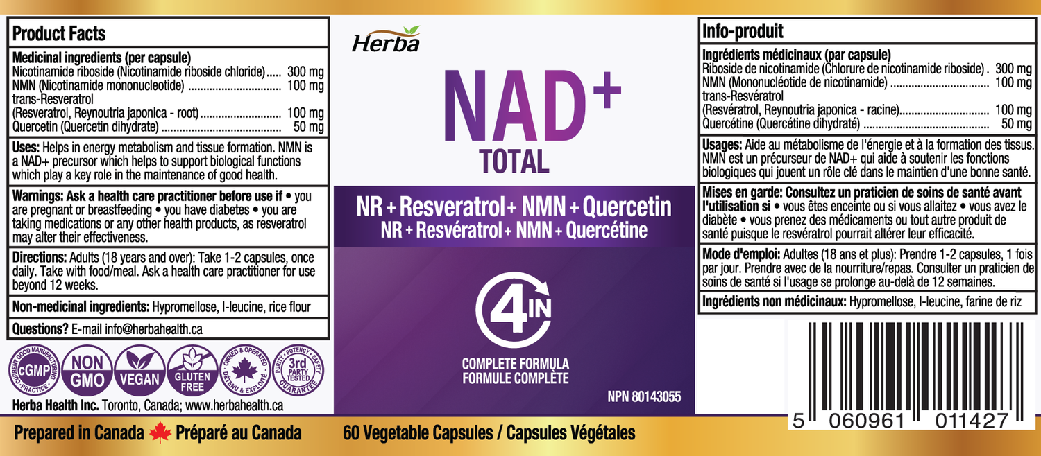 NAD+ Supplement 550mg – 60 Capsules | 4-in-1 NAD Plus Total with Nicotinamide Riboside (NR), β-NMN, Resveratrol &amp; Quercetin | Made in Canada