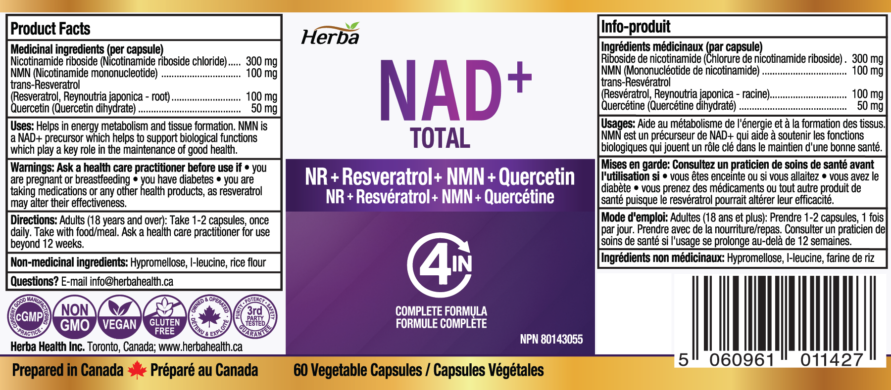 NAD+ Supplement 550mg – 60 Capsules | 4-in-1 NAD Plus Total with Nicotinamide Riboside (NR), β-NMN, Resveratrol &amp; Quercetin | Made in Canada