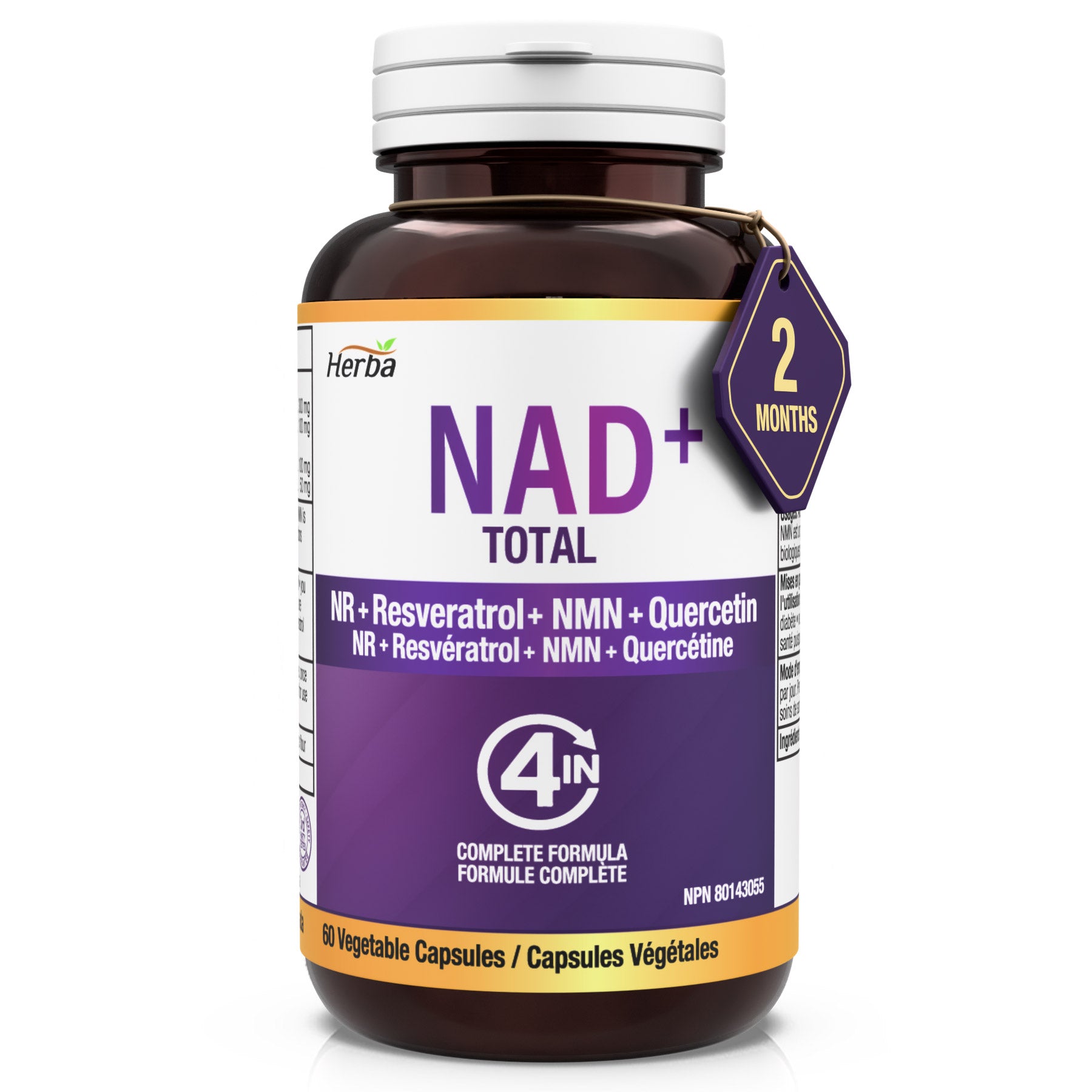 NAD+ Supplement 550mg – 60 Capsules | 4-in-1 NAD Plus Total with Nicotinamide Riboside (NR), β-NMN, Resveratrol &amp; Quercetin | Made in Canada
