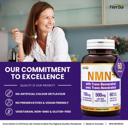 Supplément NMN + Resvératrol - 600 mg | Fabriqué au Canada | 60 Gélules Végétales