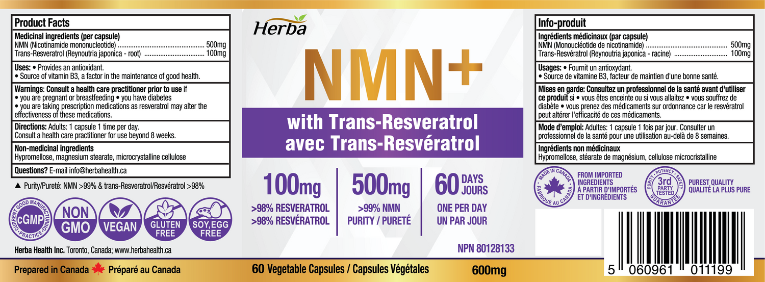 Supplément NMN + Resvératrol - 600 mg | Fabriqué au Canada | 60 Gélules Végétales