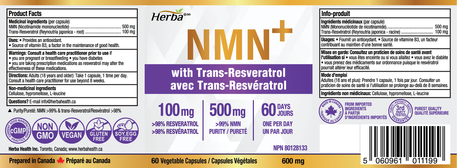 Supplément NMN + Resvératrol - 600 mg | Fabriqué au Canada | 60 Gélules Végétales
