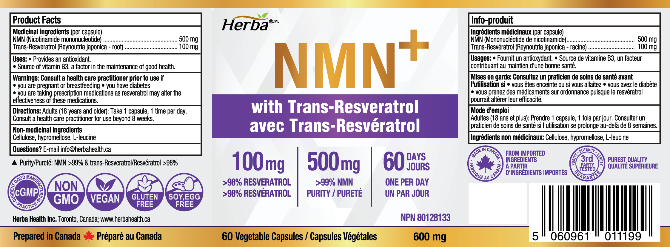 Supplément NMN + Resvératrol - 600 mg | Fabriqué au Canada | 60 Gélules Végétales