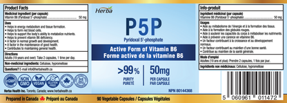 P5P Vitamin B6 50mg – 90 Capsules | >99% Purity | Made in Canada