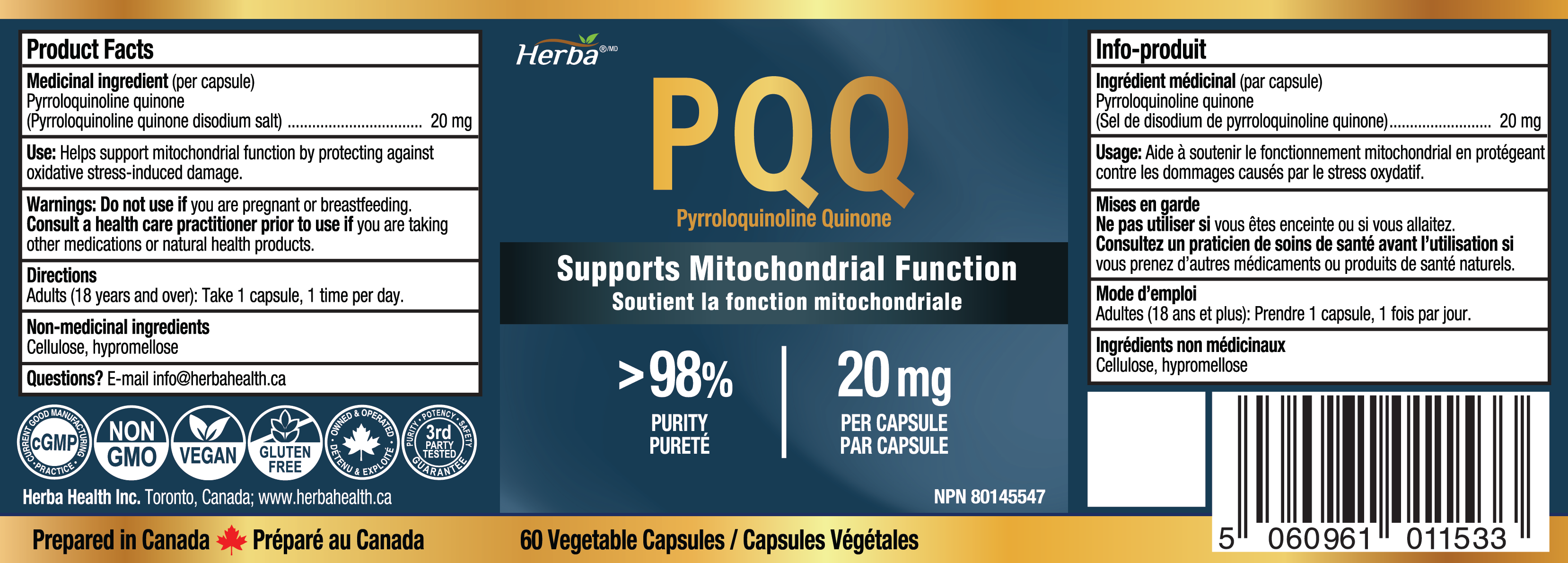 PQQ Supplement 20mg - 60 Capsules | Made in Canada