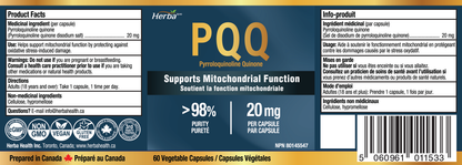 PQQ Supplement 20mg - 60 Capsules | Made in Canada