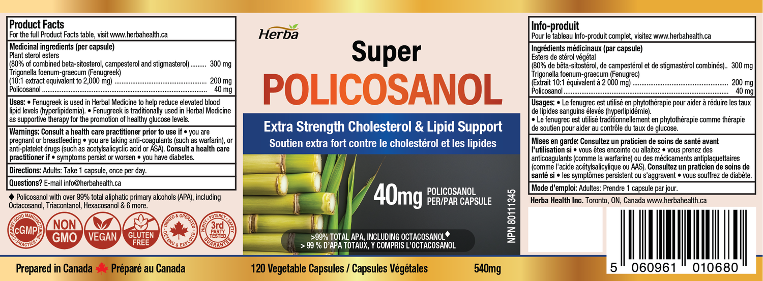 Policosanol 40mg with Fenugreek and Plant Sterol Esters - 120 Vegetable Capsules
