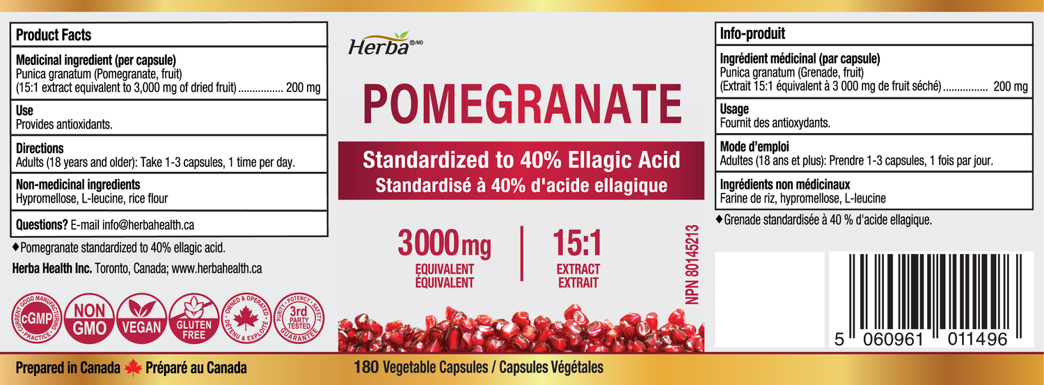 Pomegranate Supplement 3000mg – 180 Capsules | 40% Ellagic Acid | Made in Canada