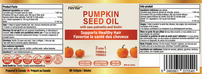 Pumpkin Seed Oil Capsules for Hair - 90 Softgels | 3 in 1 with Saw Palmetto and Biotin | Made in Canada