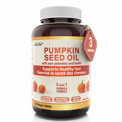 Pumpkin Seed Oil Capsules for Hair - 90 Softgels | 3 in 1 with Saw Palmetto and Biotin | Made in Canada