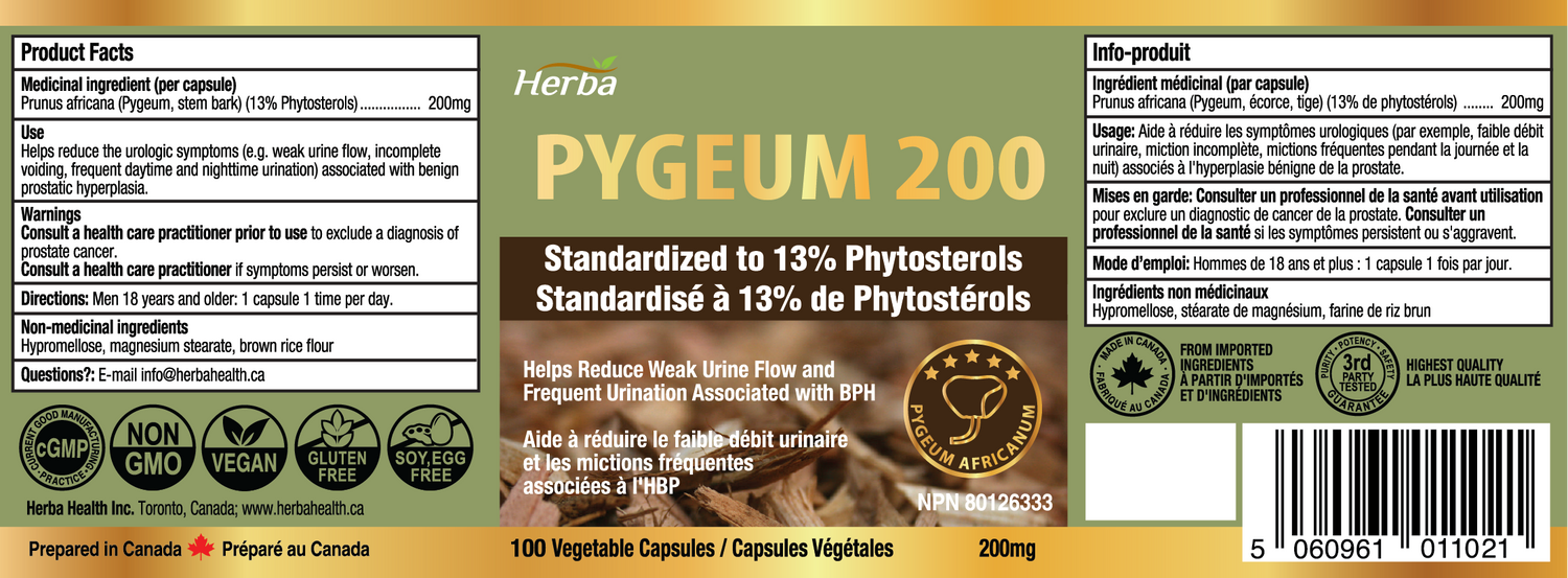 Pygeum Supplement 200mg – 100 Capsules | Made in Canada