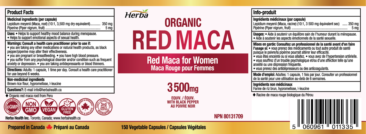 Organic Red Maca Capsules - 3500mg, 180 Capsules | Peruvian Red Maca | Made in Canada
