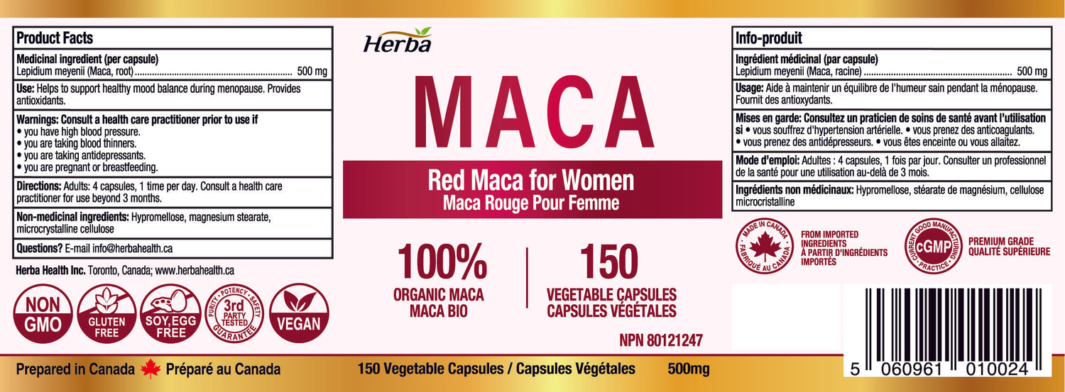 Organic Red Maca Capsules for Women – 500mg, 150 Capsules