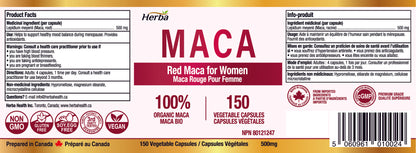 Organic Red Maca Capsules for Women – 500mg, 150 Capsules