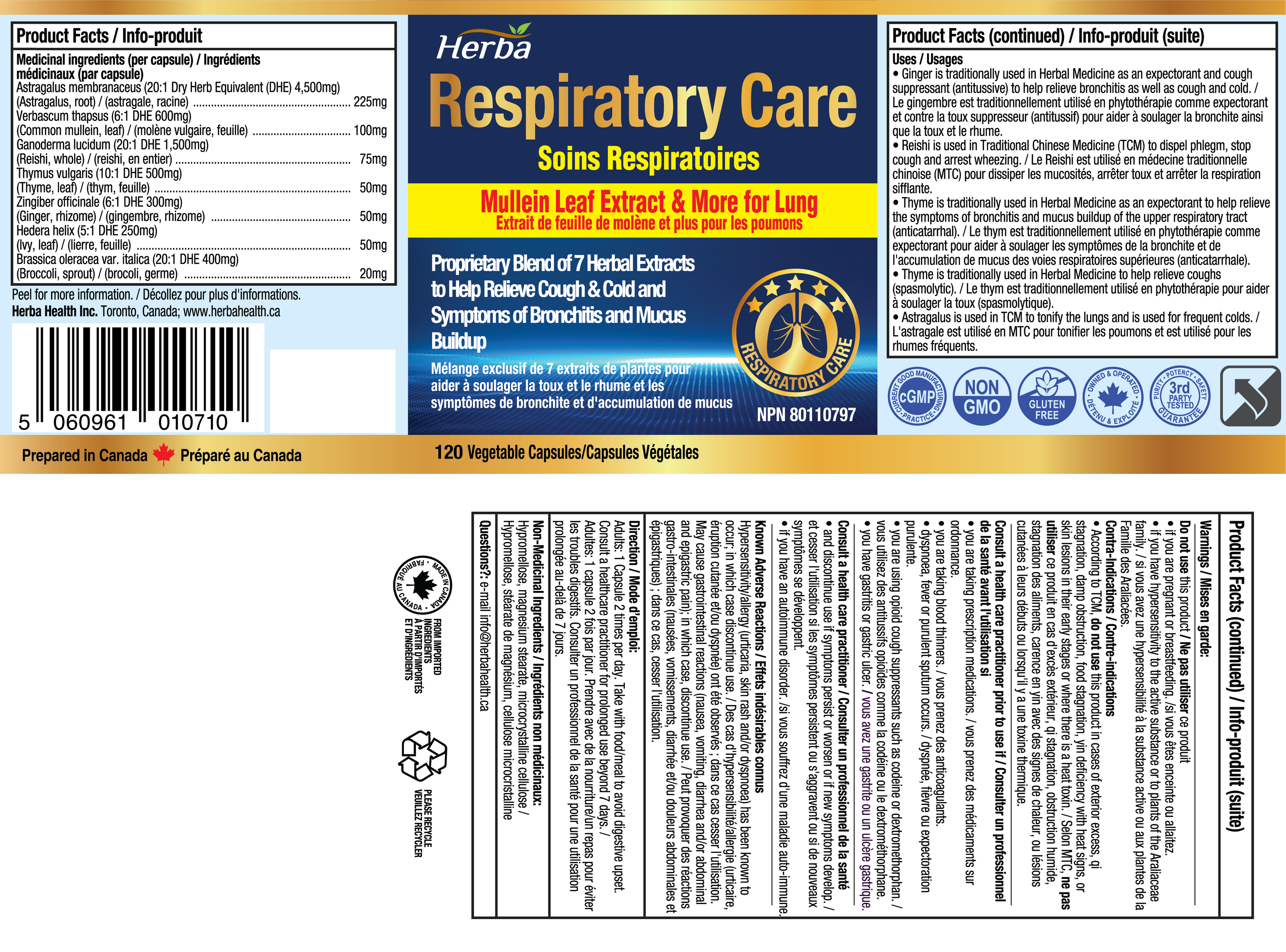 Respiratory Care - 120 Capsules | Lung Supplement with Mullein Leaf Extract | Made in Canada