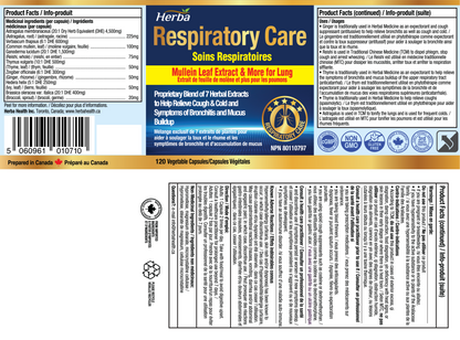 Respiratory Care - 120 Capsules | Lung Supplement with Mullein Leaf Extract | Made in Canada