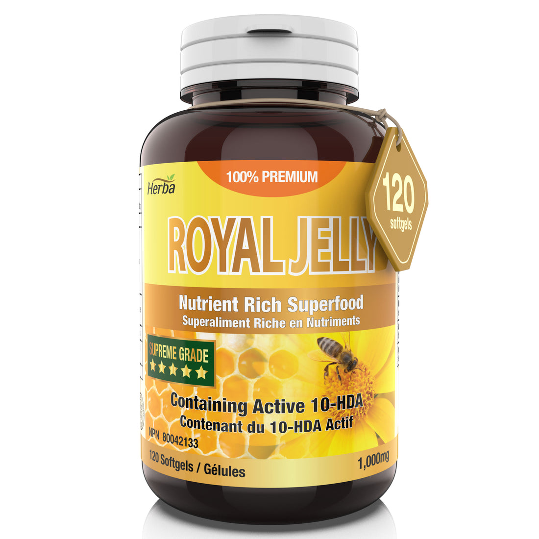 Capsules de gelée royale 1000mg - 120 gélules molles | Fabriqué au Canada