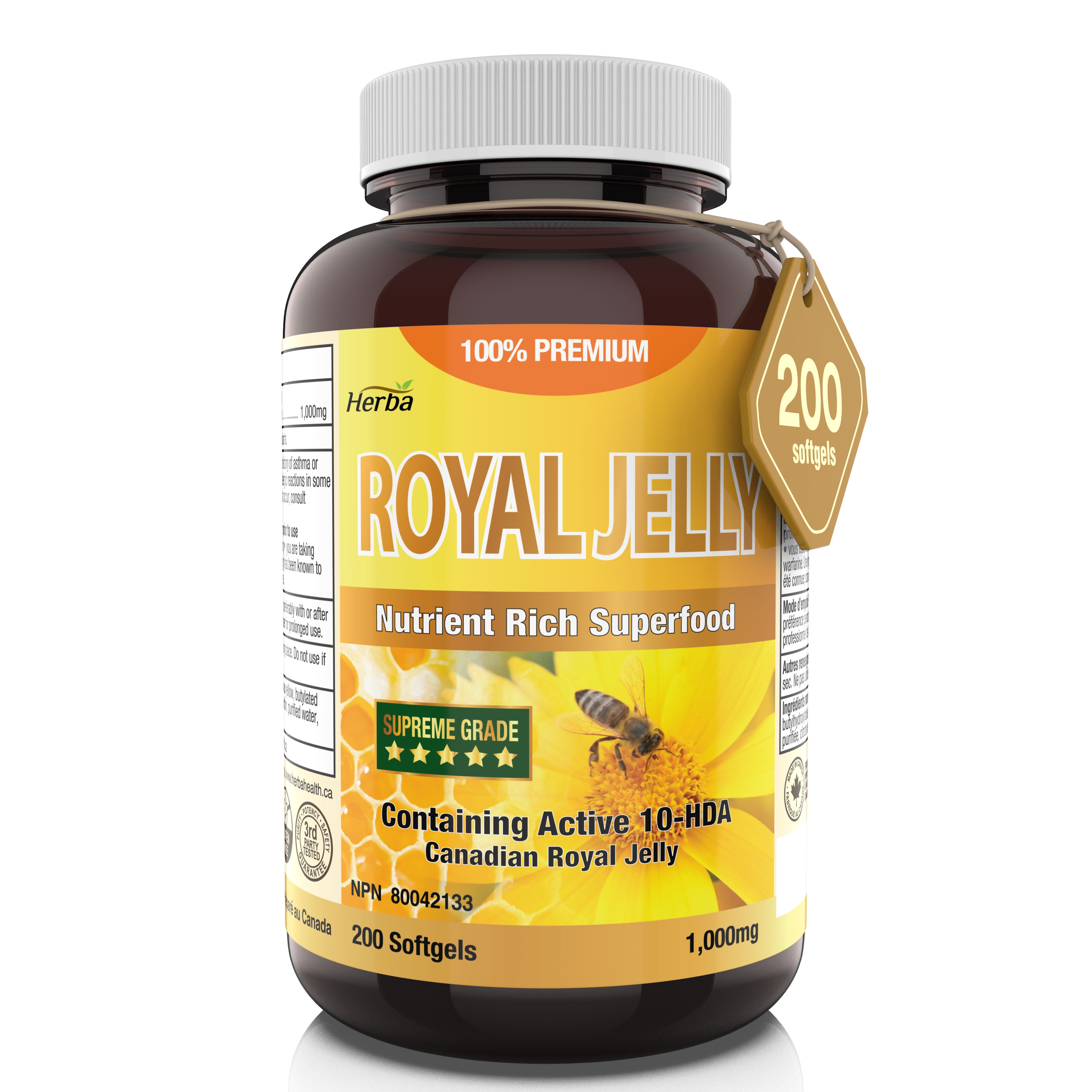 Capsules de Gelée Royale Herba 1000mg - 200 Gélules Molles | Fabriqué au Canada