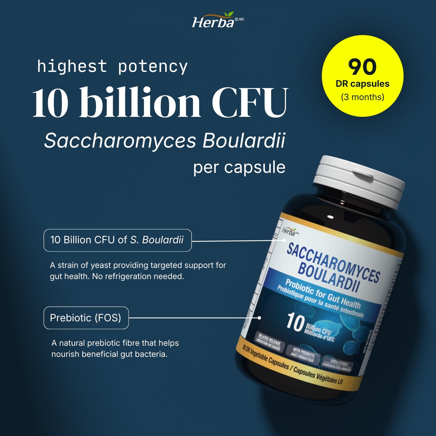 Herba Saccharomyces Boulardii Probiotic 10B CFU – 90 DR Capsules | Made in Canada