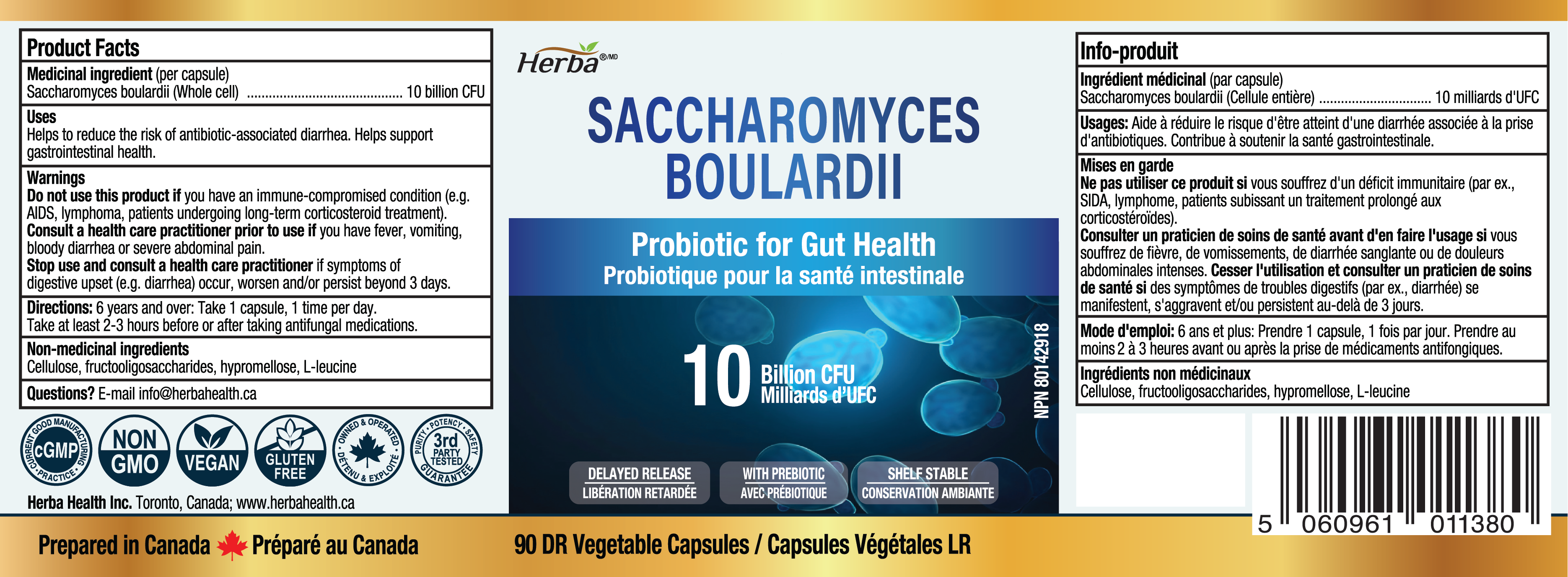 Herba Saccharomyces Boulardii Probiotic 10B CFU – 90 DR Capsules | Made in Canada