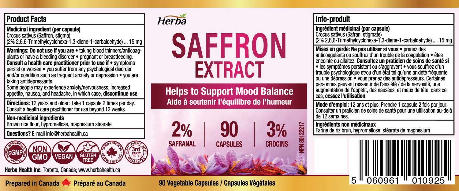 Complément de safran - 90 capsules | Extrait de Safran Standardisé à 2% Safranal