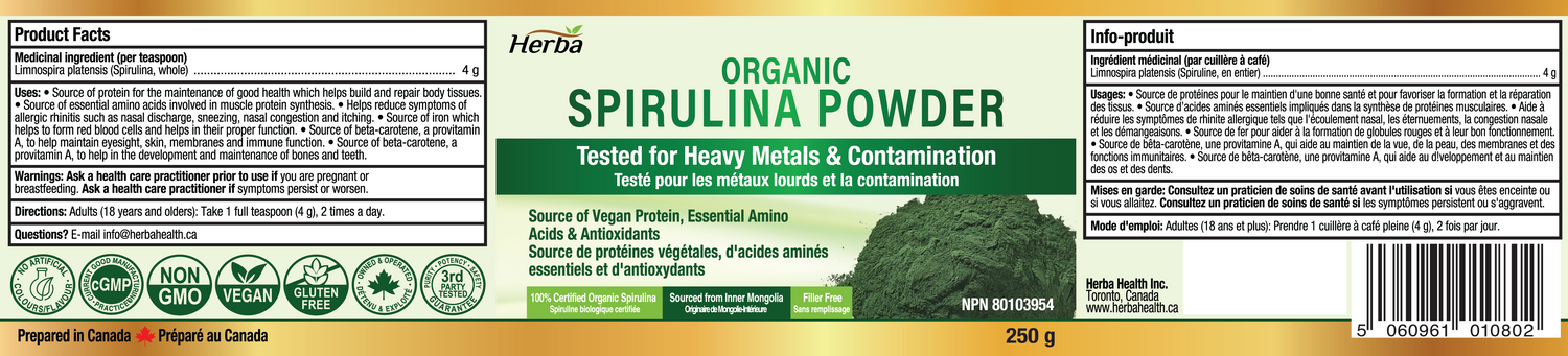 Organic Spirulina Powder 250g - 100% Organic &amp; Made in Canada
