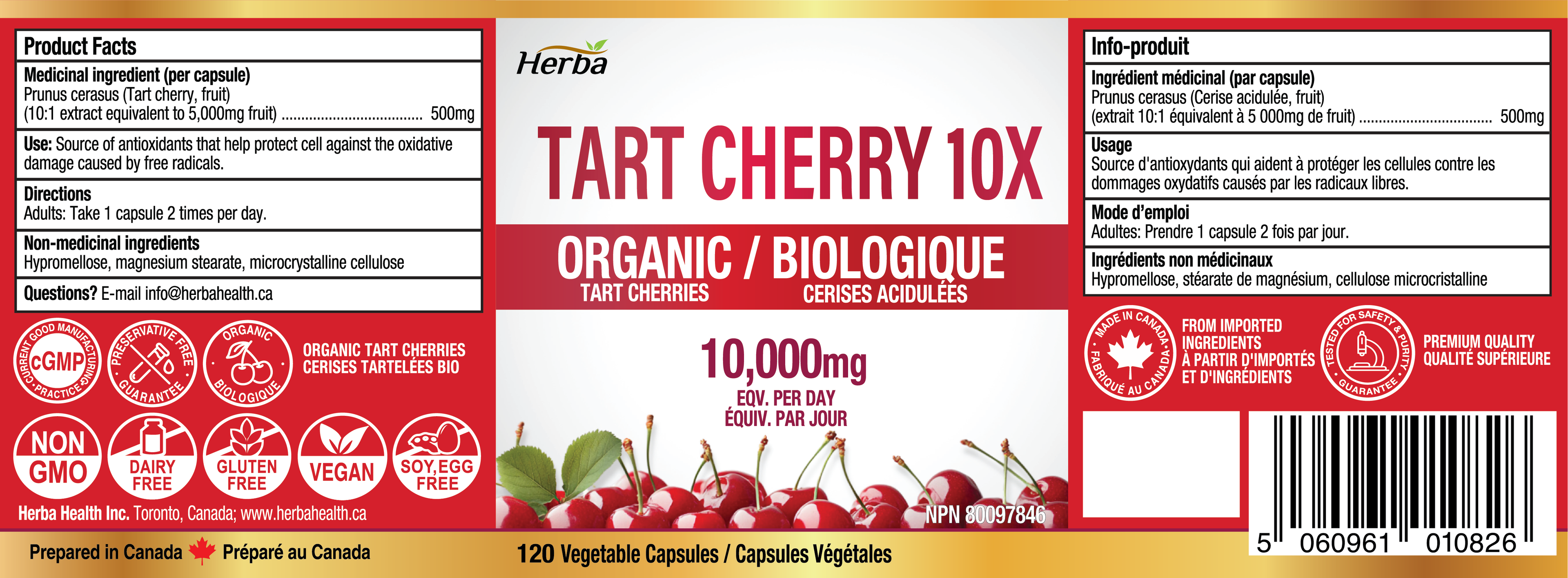 Organic Tart Cherry Extract Capsules – 120 Capsules | 10,000mg Per Day | Made in Canada