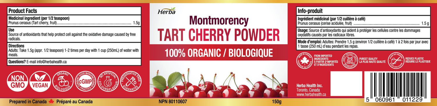 Montmorency Tart Cherry Powder – 150g | 100% Organic | Made in Canada