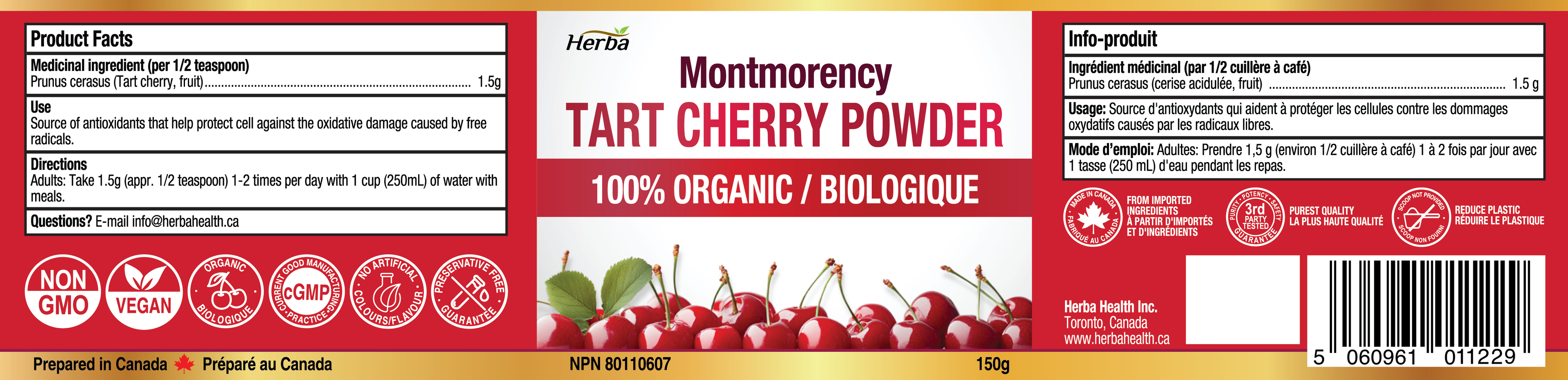 Montmorency Tart Cherry Powder – 150g | 100% Organic | Made in Canada