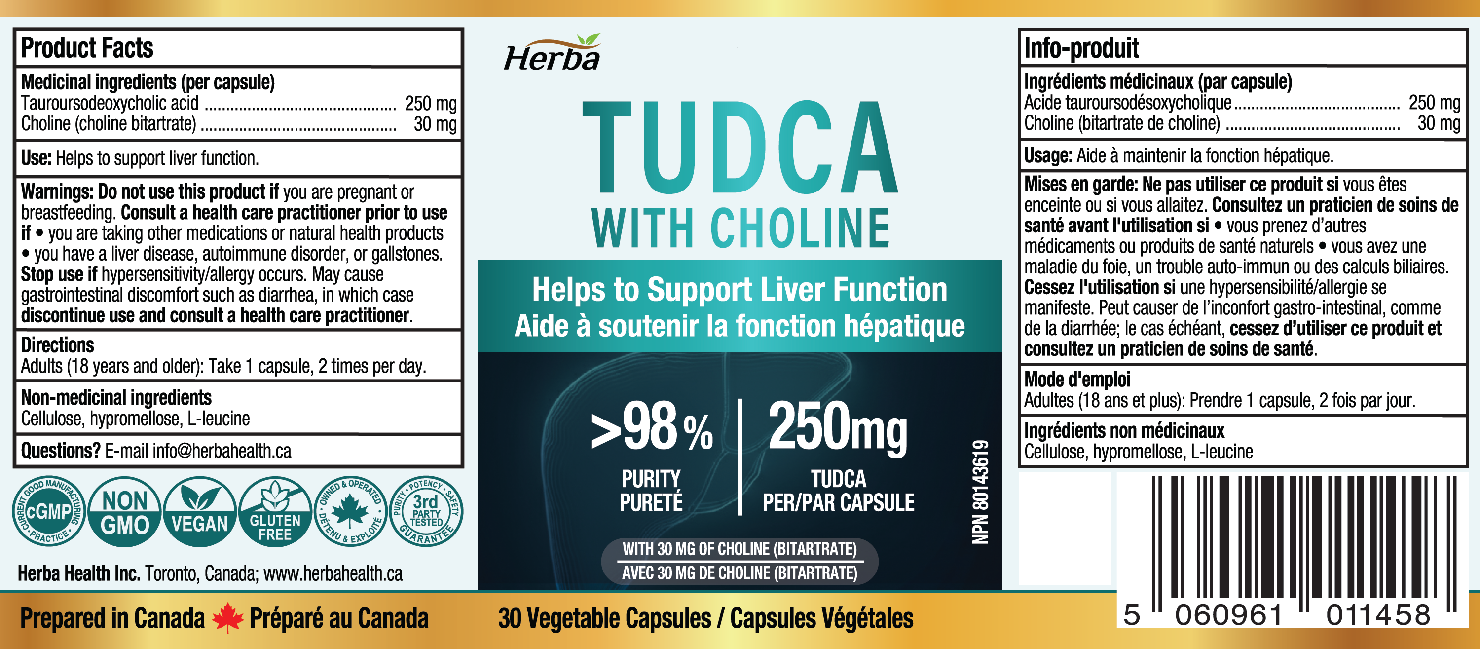 TUDCA Supplement for Liver – 30 Capsules | >98% Purity | Purified Bile Salts Supplements | 250mg TUDCA + Choline | Made in Canada