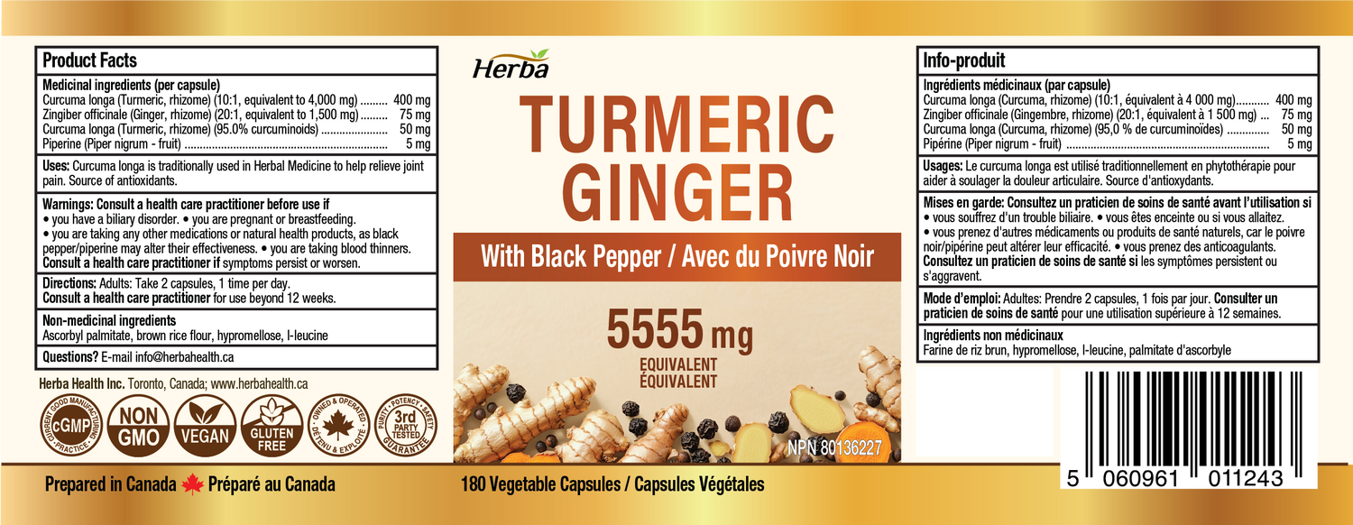 Turmeric with Black Pepper and Ginger - 180 Capsules | 5555mg Equivalent | Made in Canada