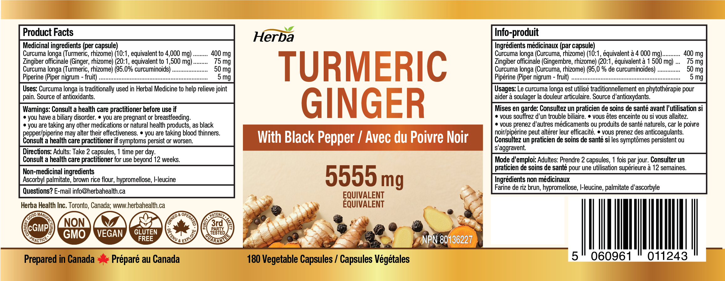 Turmeric with Black Pepper and Ginger - 180 Capsules | 5555mg Equivalent | Made in Canada
