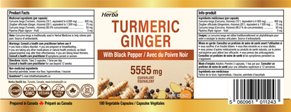 Turmeric with Black Pepper and Ginger - 180 Capsules | 5555mg Equivalent | Made in Canada