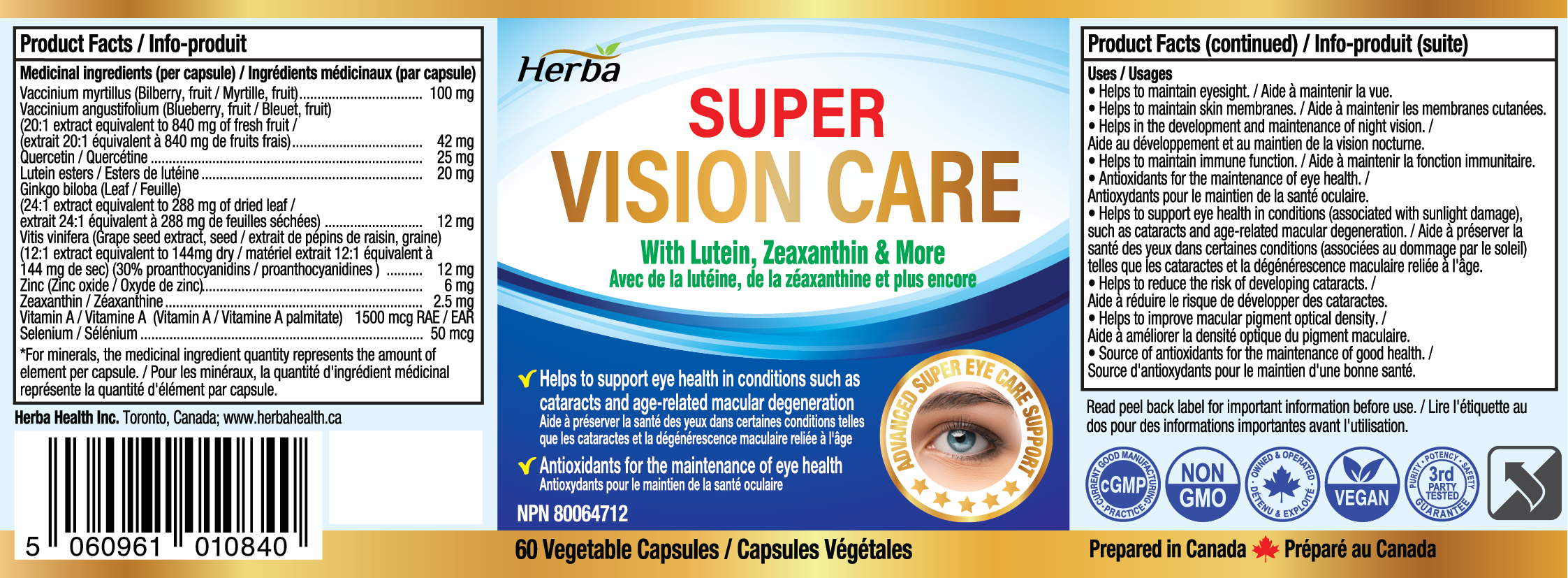 Vision Care Eye Vitamins with Lutein and Zeaxanthin Supplement – 60 Capsules
