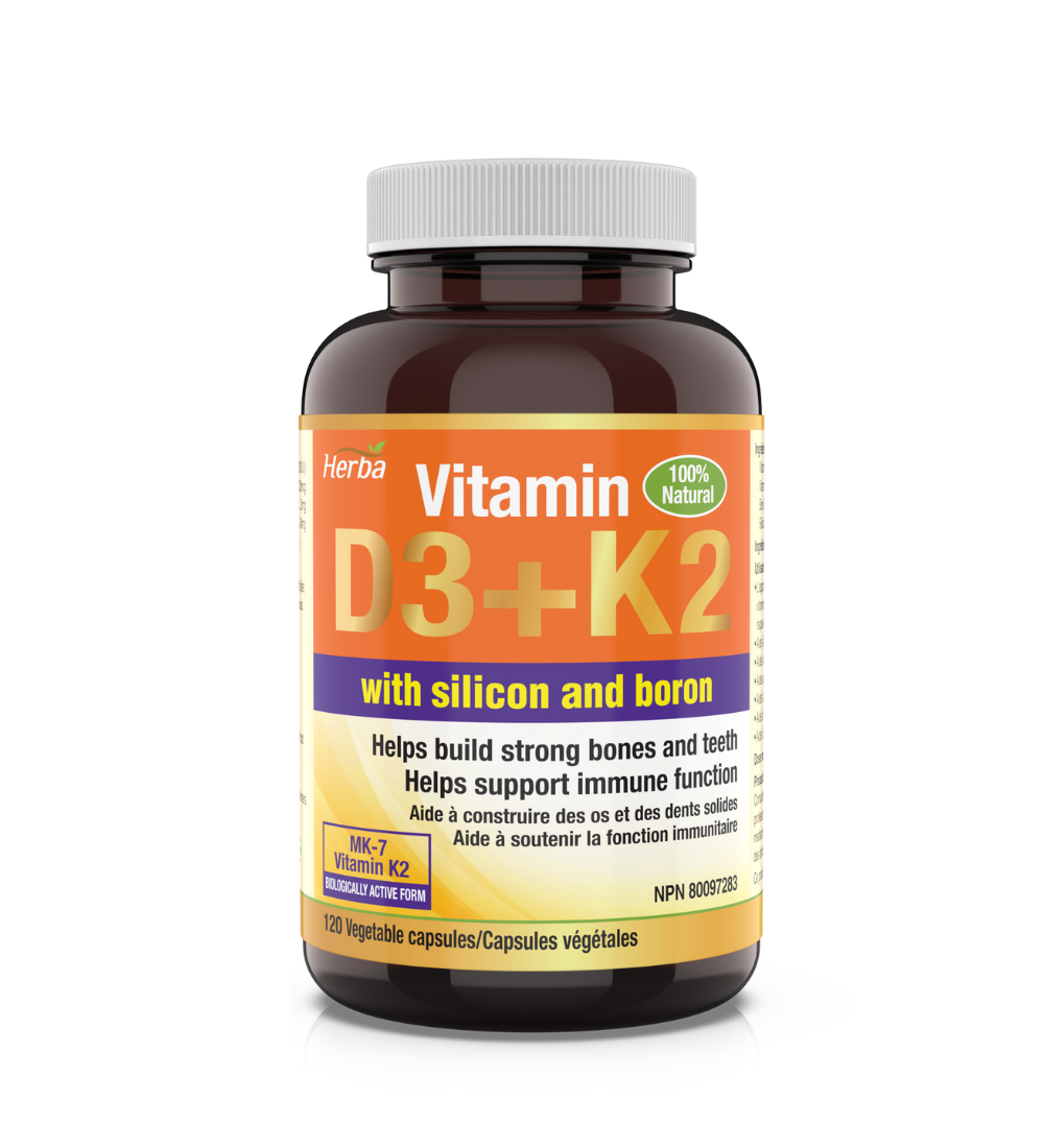 Herba D3 + K2 Vitamin with Silica and Boron Supplement - 120 Vegetable Capsules | Vitamin K2 MK-7 and Vitamin D3 1000 IU