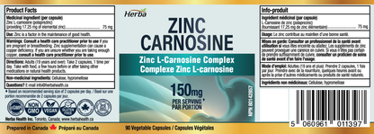 Zinc Carnosine Supplement – 90 Capsules | 150mg Per Serving (75mg Per Capsules) | Made in Canada