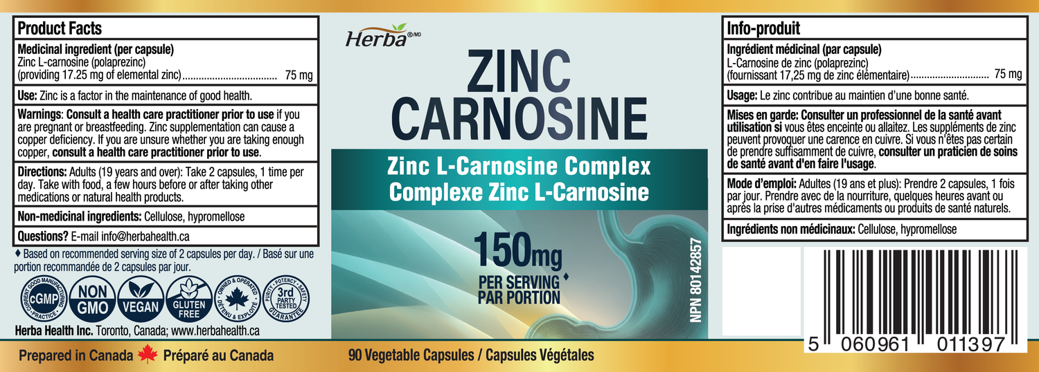 Zinc Carnosine Supplement – 90 Capsules | 150mg Per Serving (75mg Per Capsules) | Made in Canada