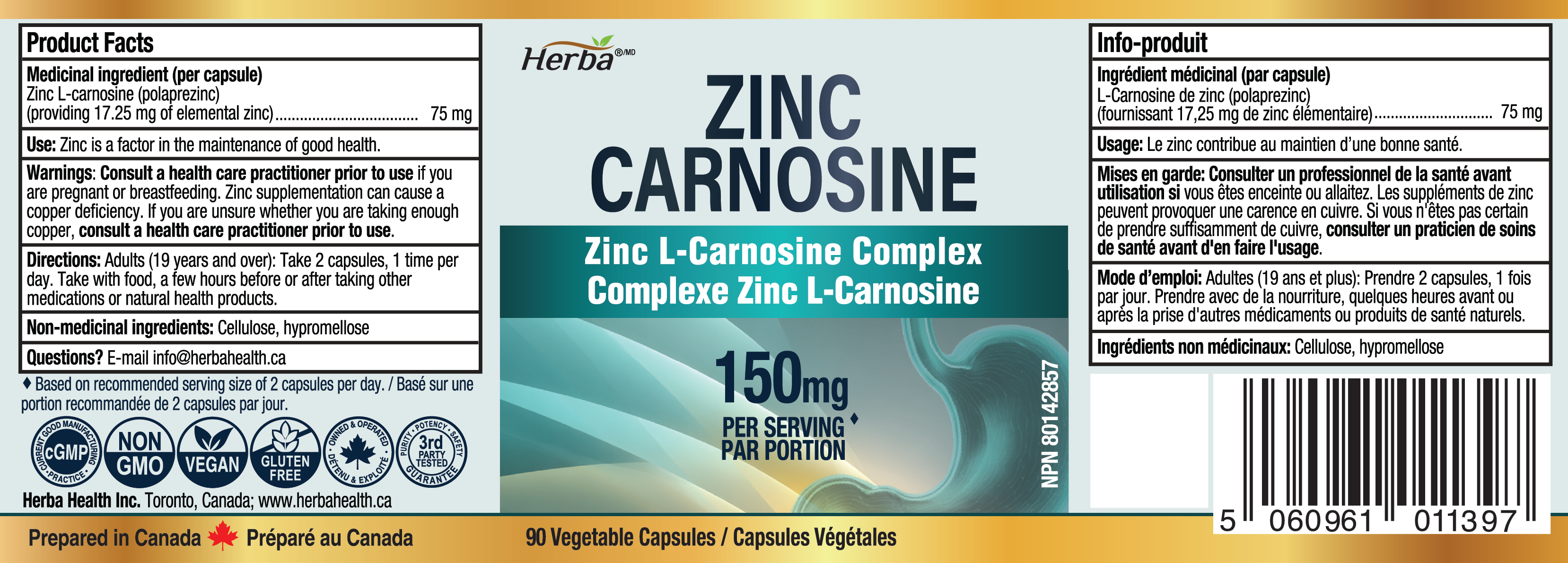 Supplément de Zinc Carnosine – 90 Capsules | 150mg Par Portion (75mg Par Capsule) | Fabriqué au Canada