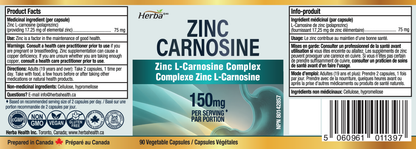 Supplément de Zinc Carnosine – 90 Capsules | 150mg Par Portion (75mg Par Capsule) | Fabriqué au Canada