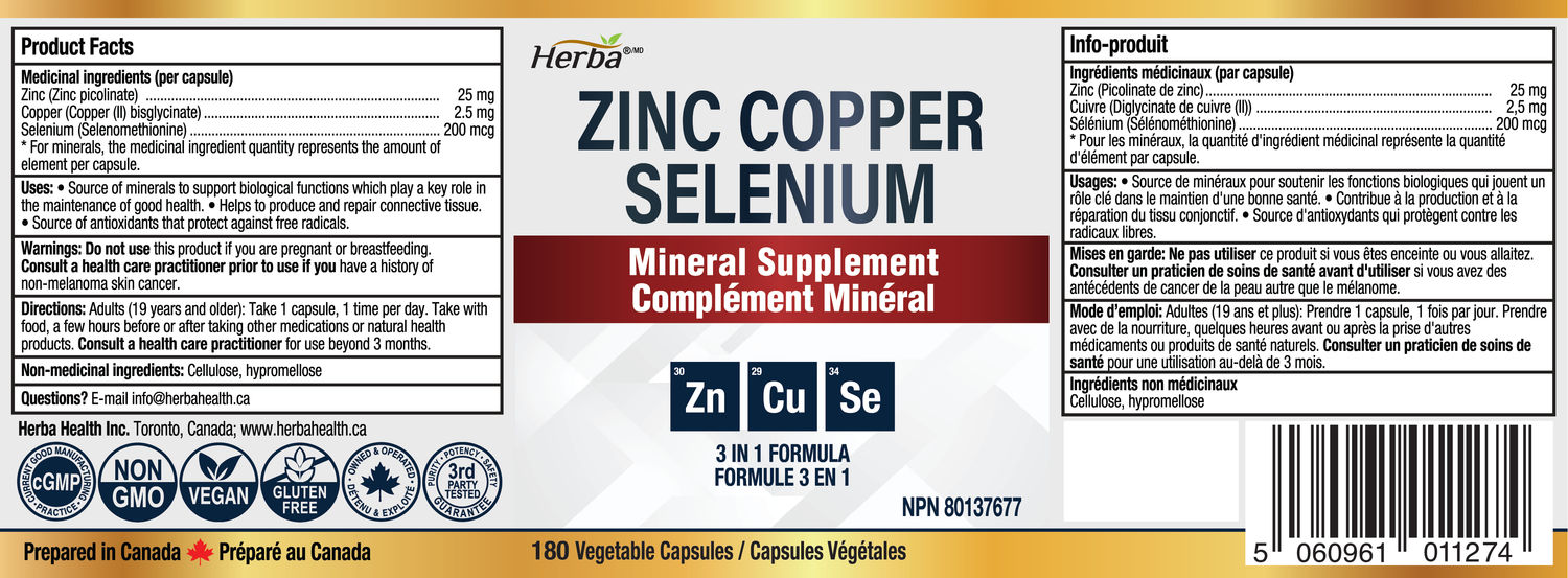 Zinc Copper Selenium Supplement - 180 Capsules | Made in Canada