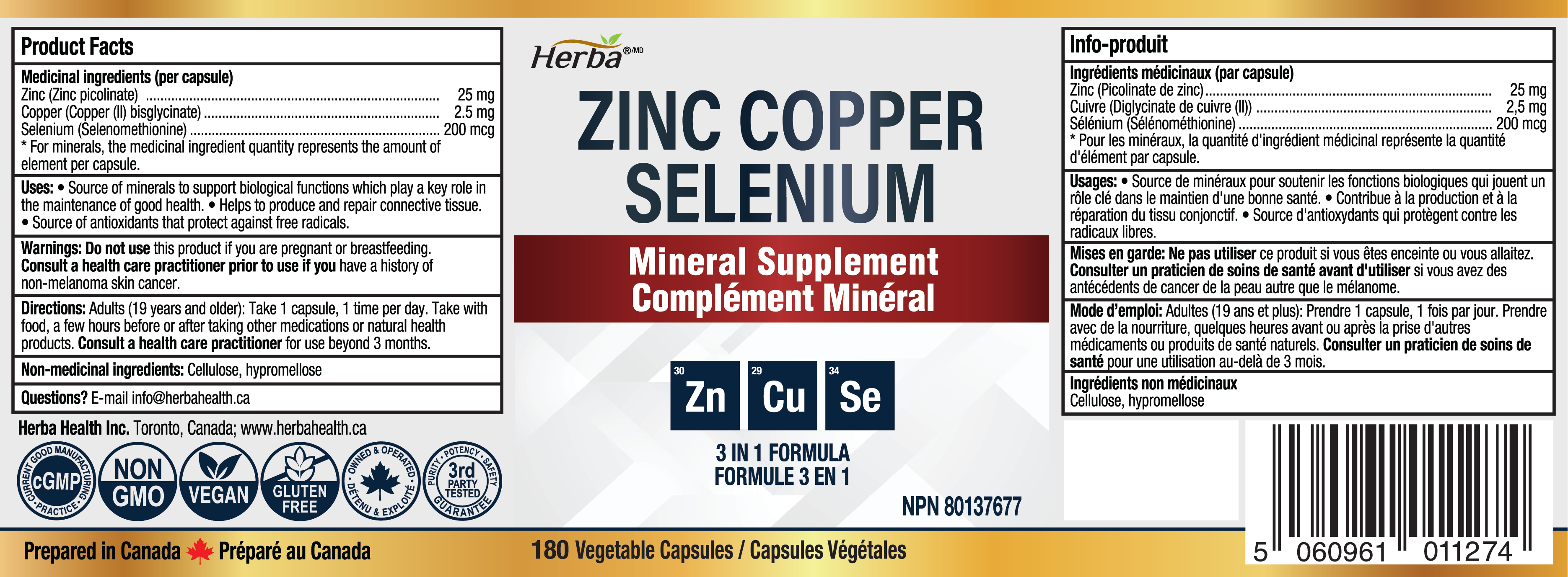 Zinc Copper Selenium Supplement - 180 Capsules | Made in Canada