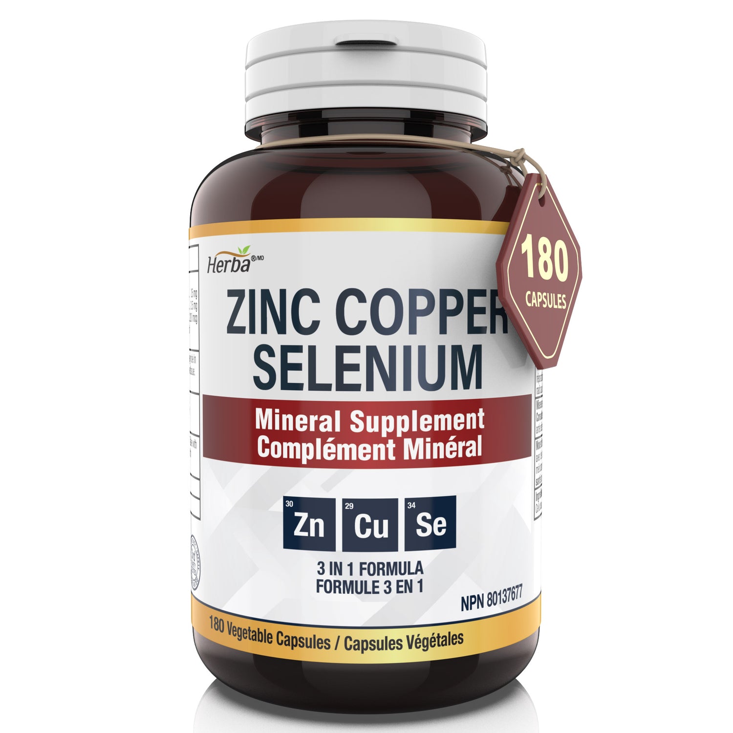 Complément de Zinc Cuivre Sélénium - 180 Capsules | Fabriqué au Canada